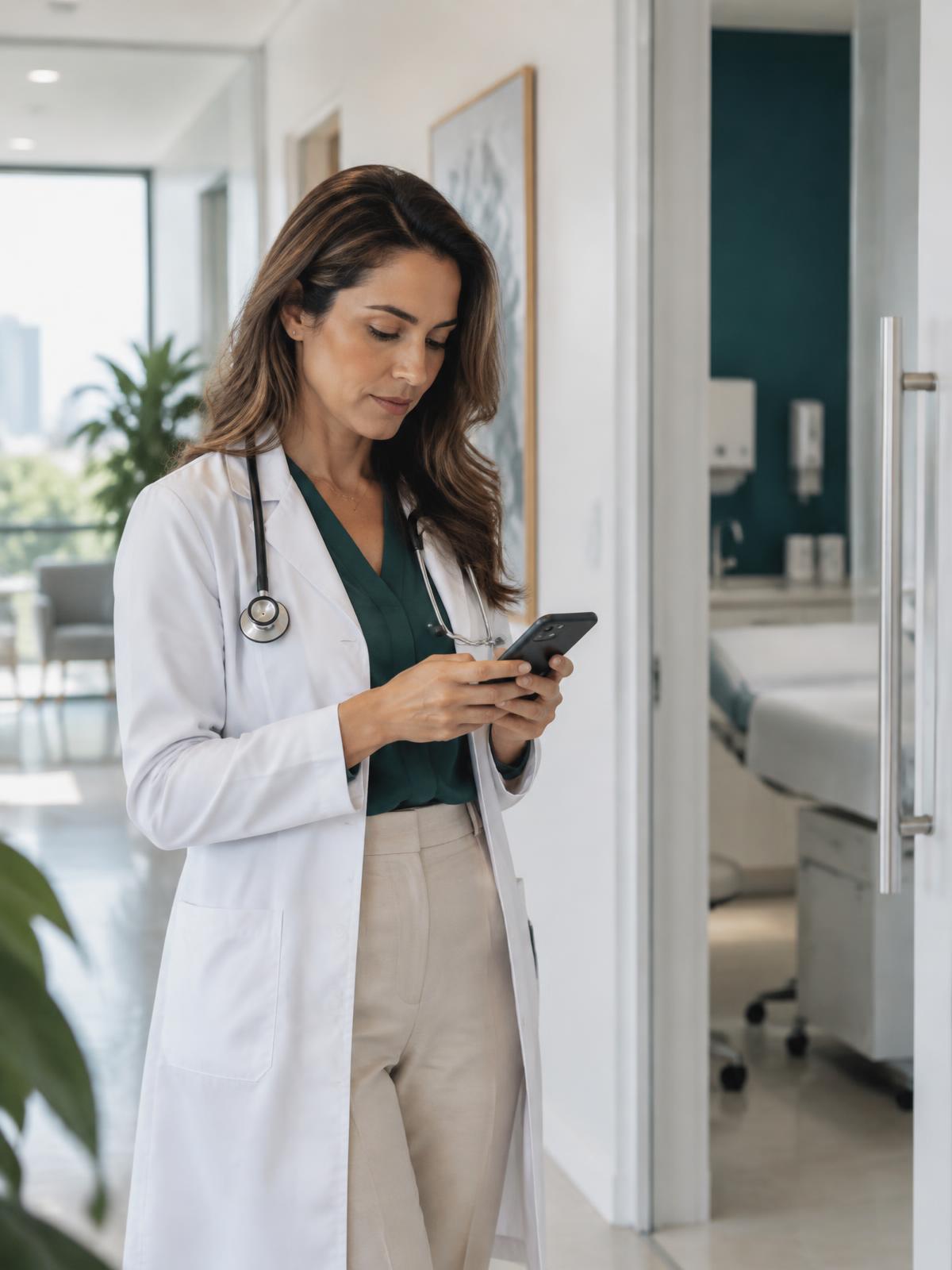 Médica em uma clínica moderna usando o smartphone
