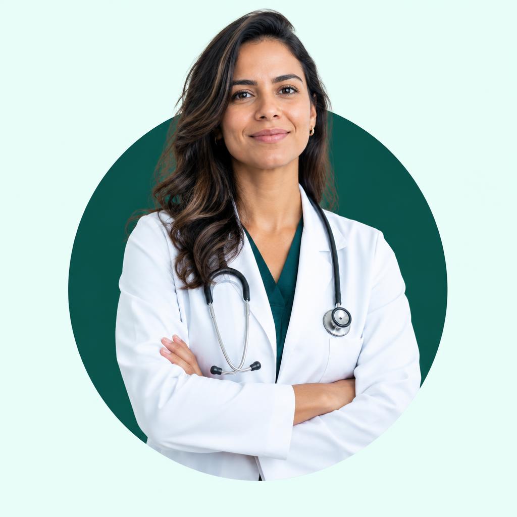 Profissional de saúde em destaque dentro de um círculo verde